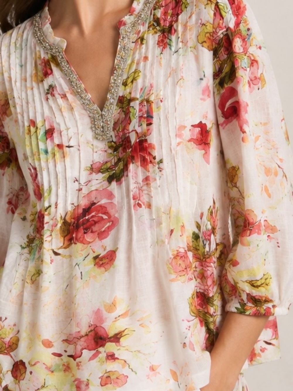 120% LINO Floral Beaded Tunic Blouse Top Long Sleeve Boho Lightweight L-48 Italy